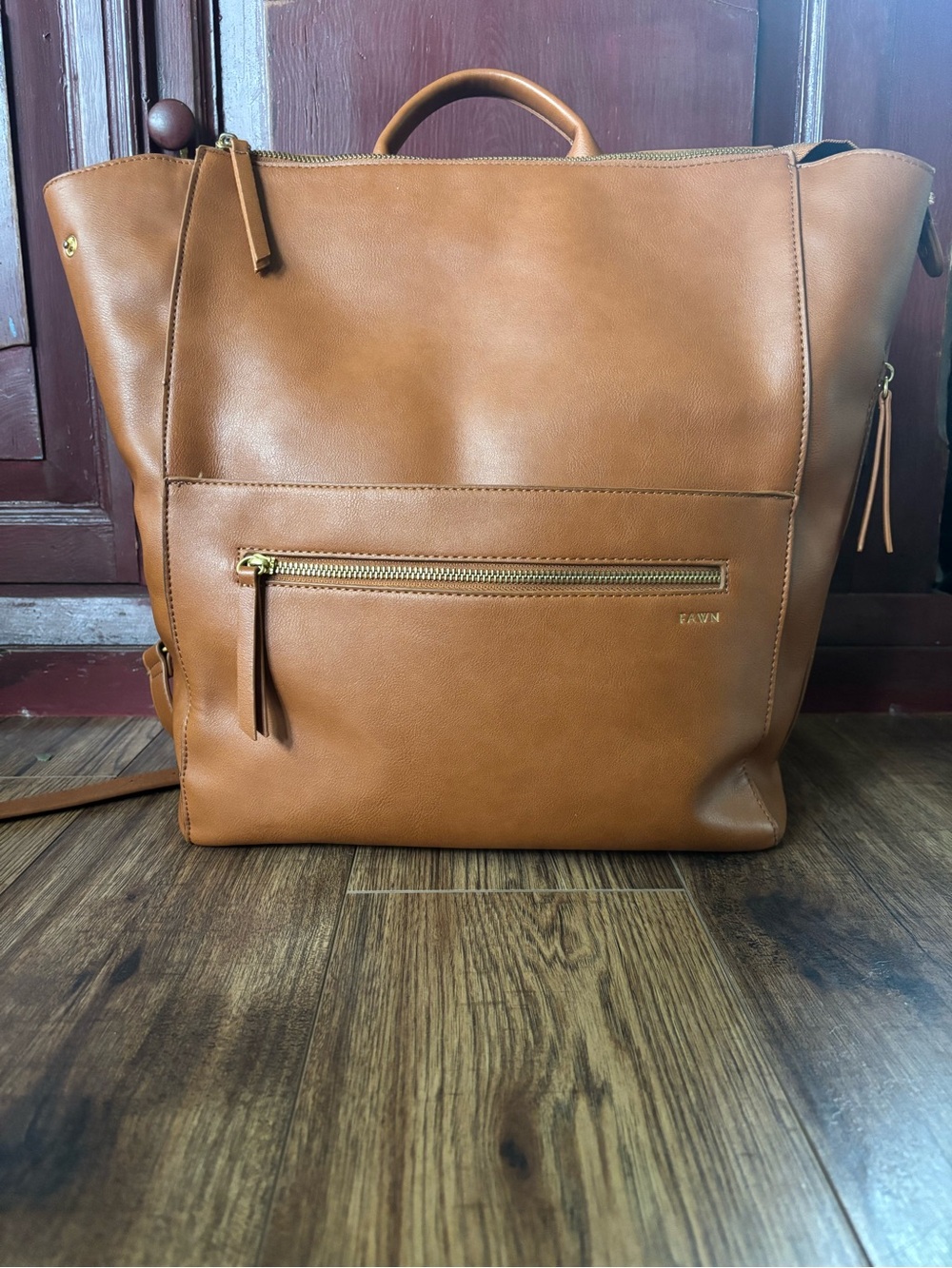 Fawn Design Cognac Leather Convertible Tote Backpack